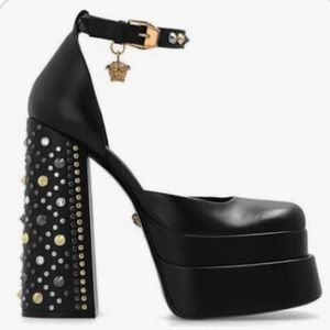New Versace Spiked Medusa Aevitas Leather Platform Pump, Black